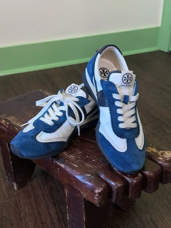 Tory Burch blue white Suede Leather Sneakers Retro Runner Preppy trainers - Picture 13 of 13